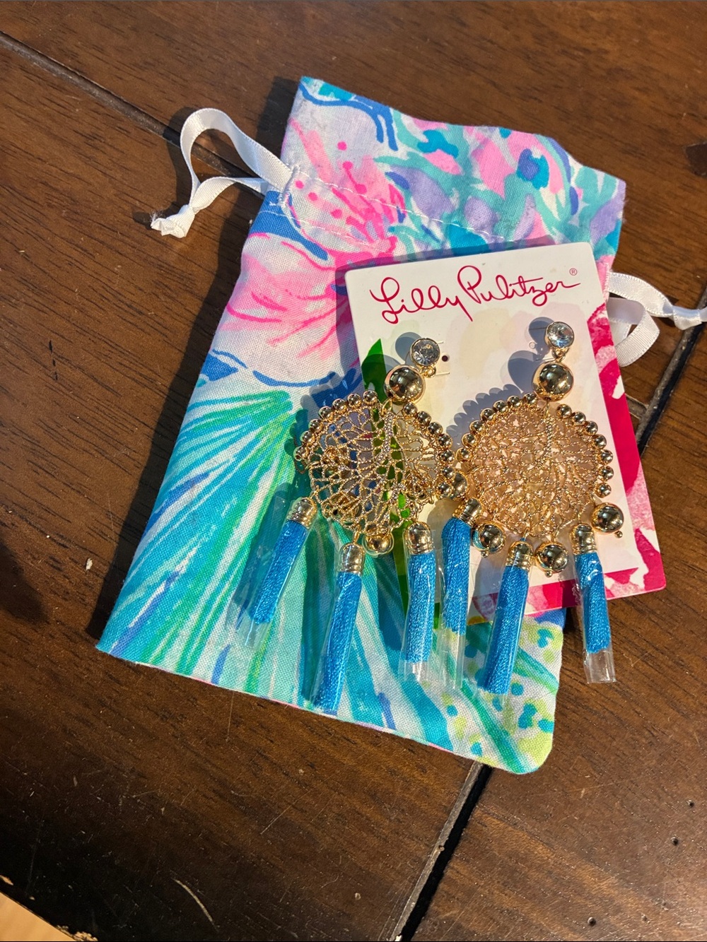 Classic Feminine Lilly Pulitzer Gold & Turquoise Fringe Medallion Earrings NWT💕